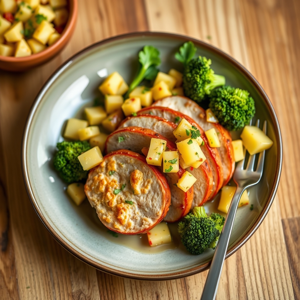 Thai-French Pork Tenderloin au Gratin with Broccoli-Pineapple Salsa