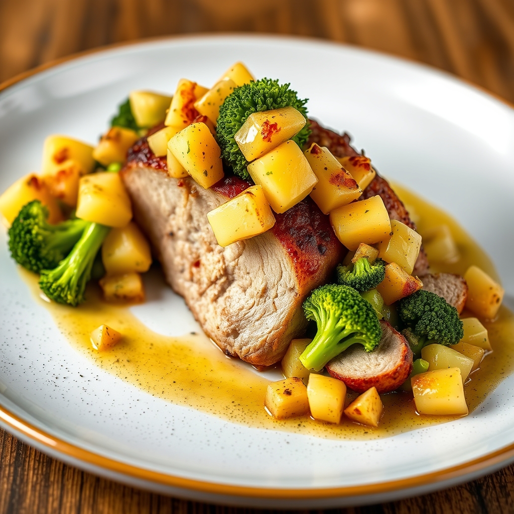 Tournedos Rossini aux Ananas et Broccoli: Pan-Seared Pork Tenderloin with Pineapple-Broccoli Salsa and Provençal Crust