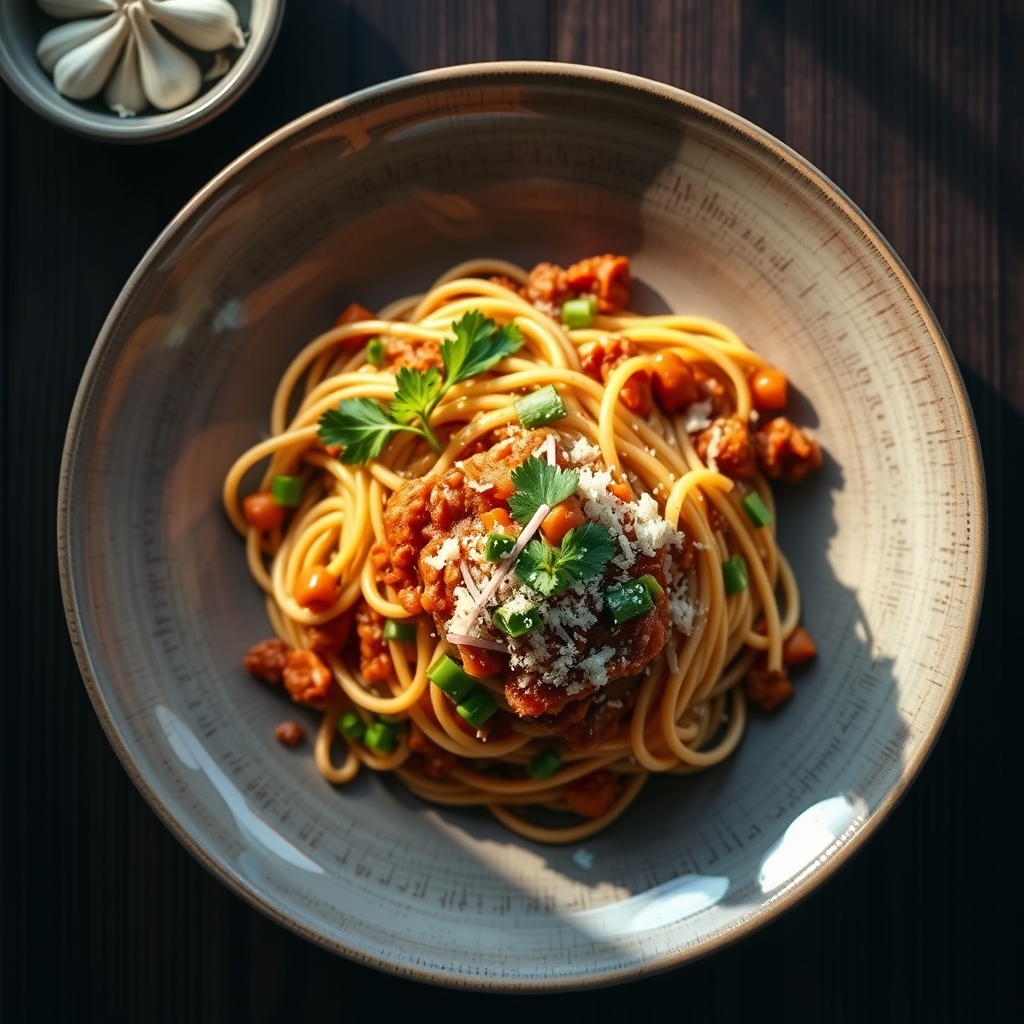 Spaghetti Stir-Fry Bolognese with Carrot-Ginger Relish