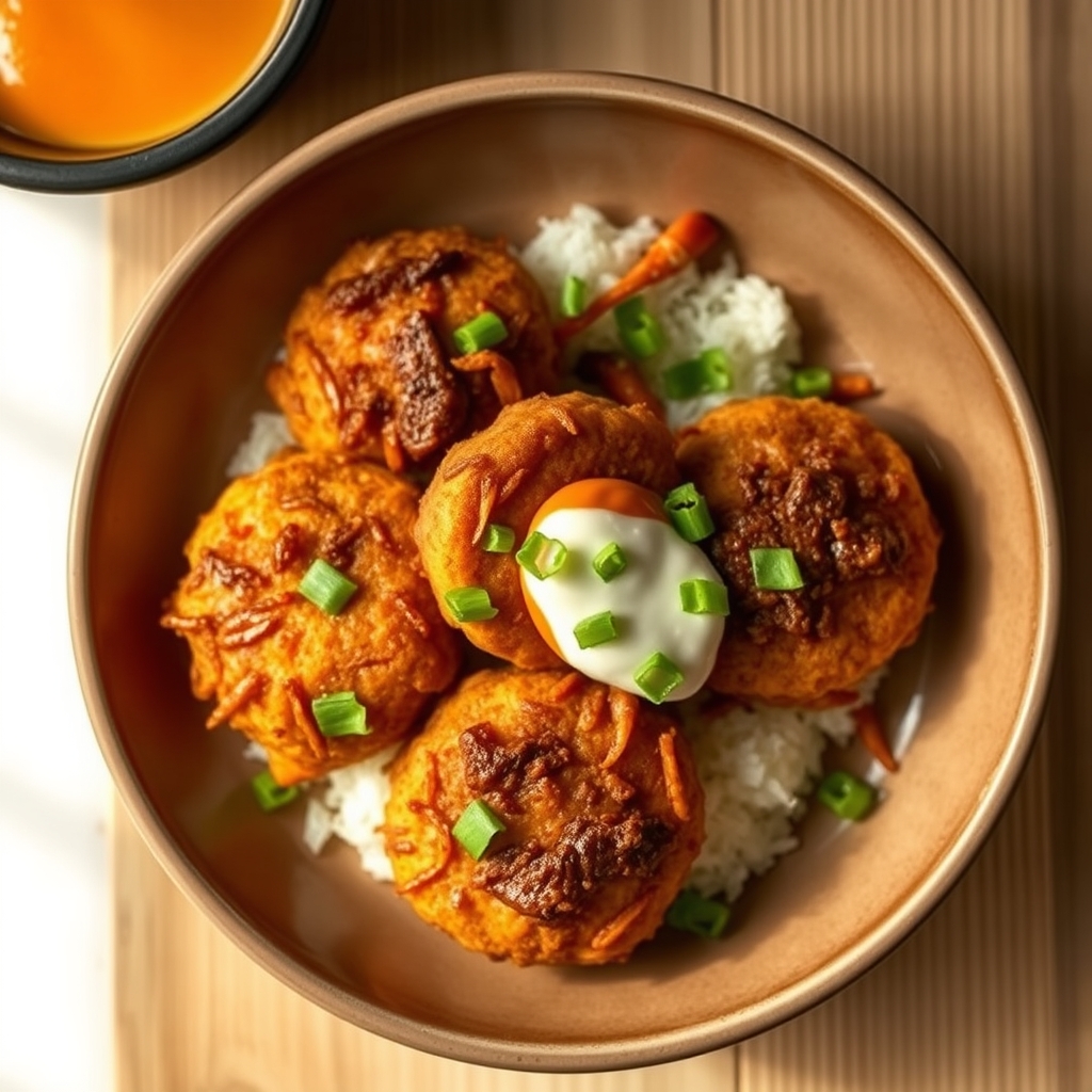 Seoulful Beef and Carrot Fried Rice Cakes with Gochujang Aioli