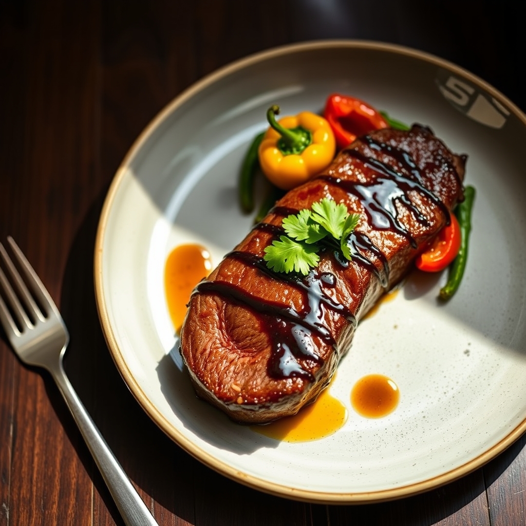 Soy-Glazed Steak au Poivre with Pan-Seared Bell Peppers